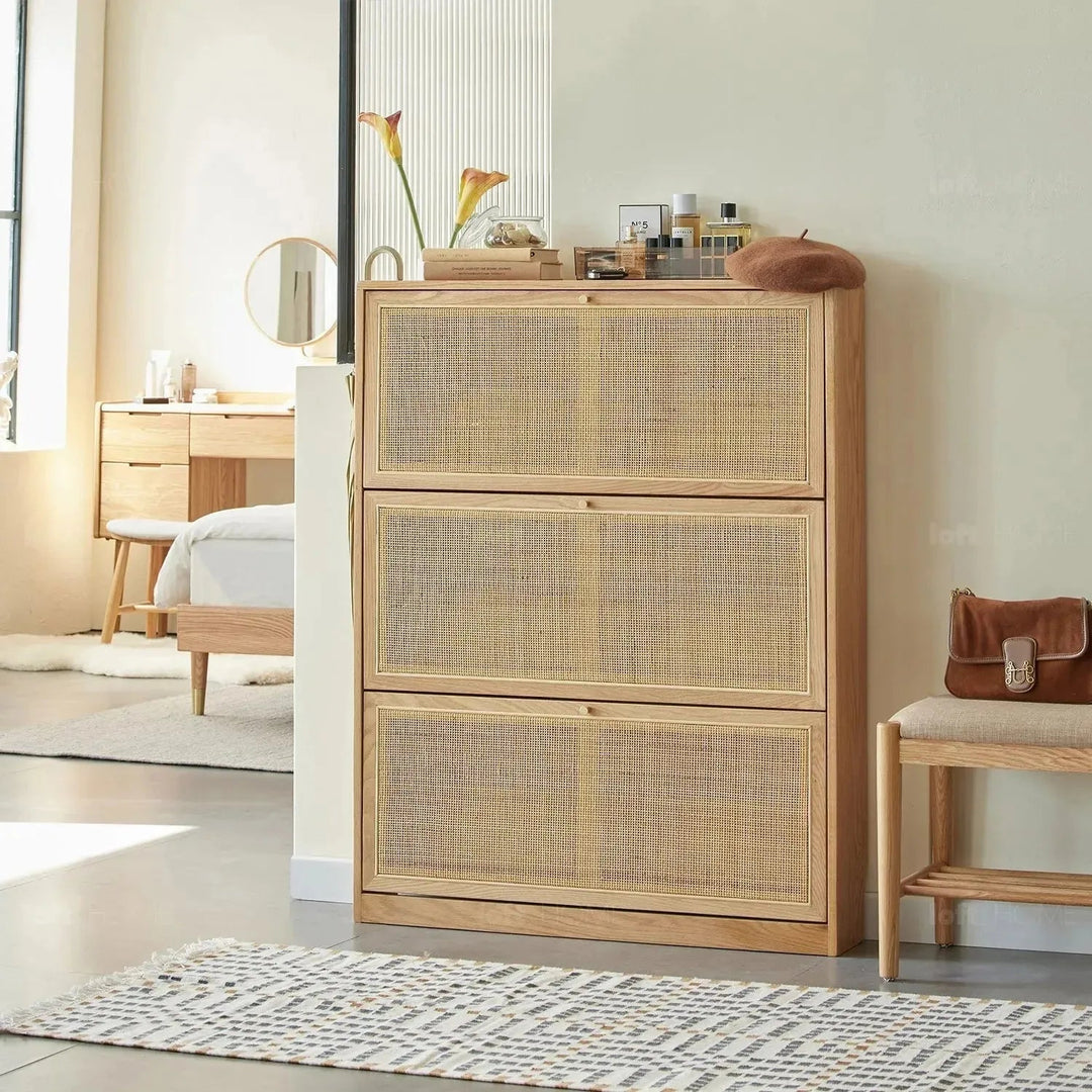 Scandinavian wood shoe cabinet vine weave detail 9.