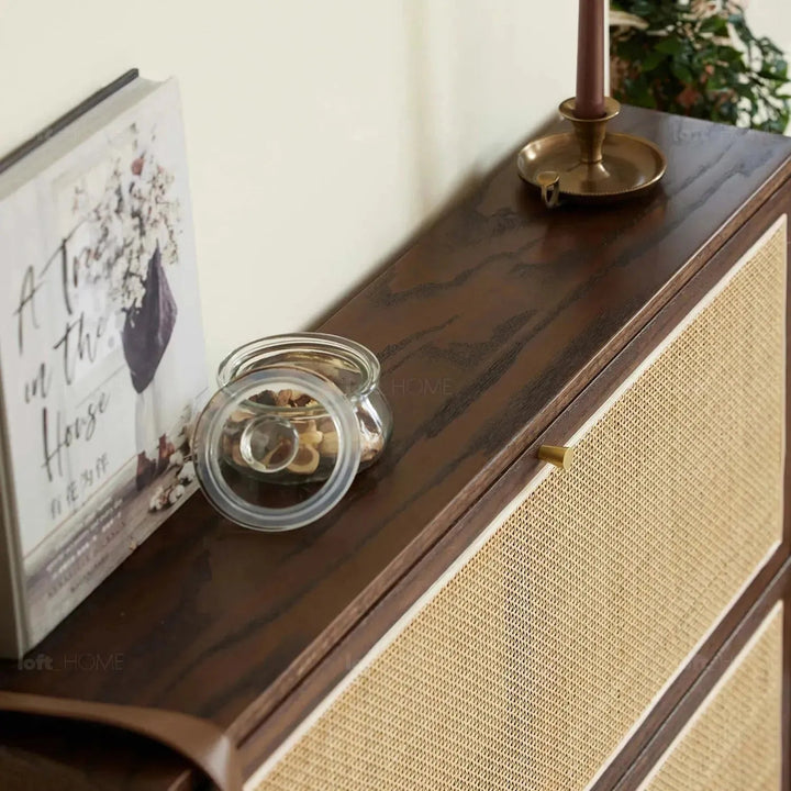 Scandinavian wood shoe cabinet vine weave detail 18.