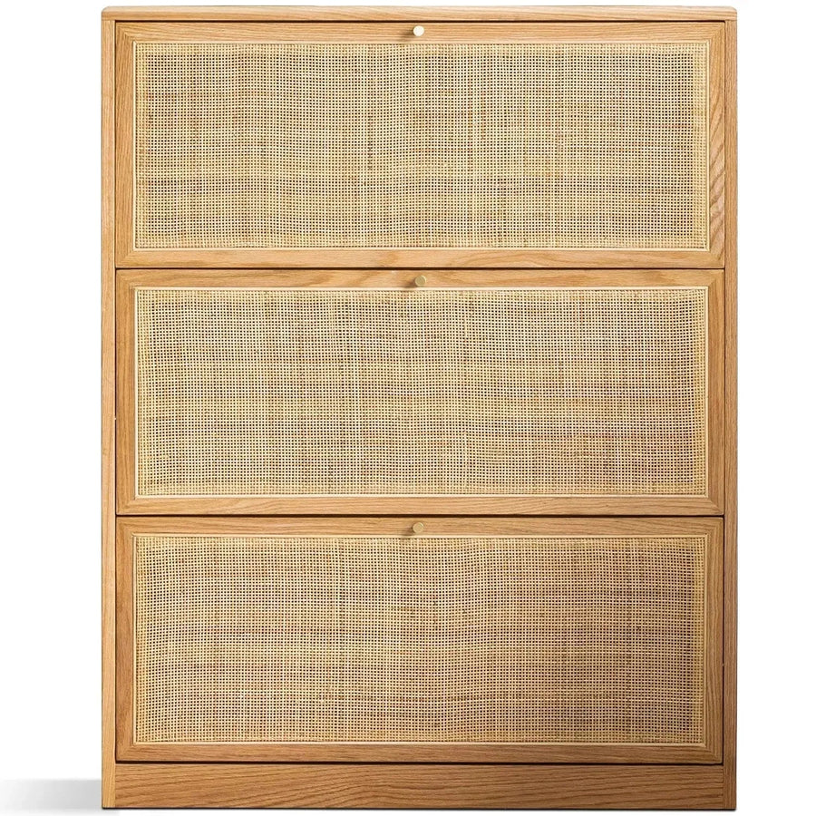 Scandinavian wood shoe cabinet vine weave in white background.