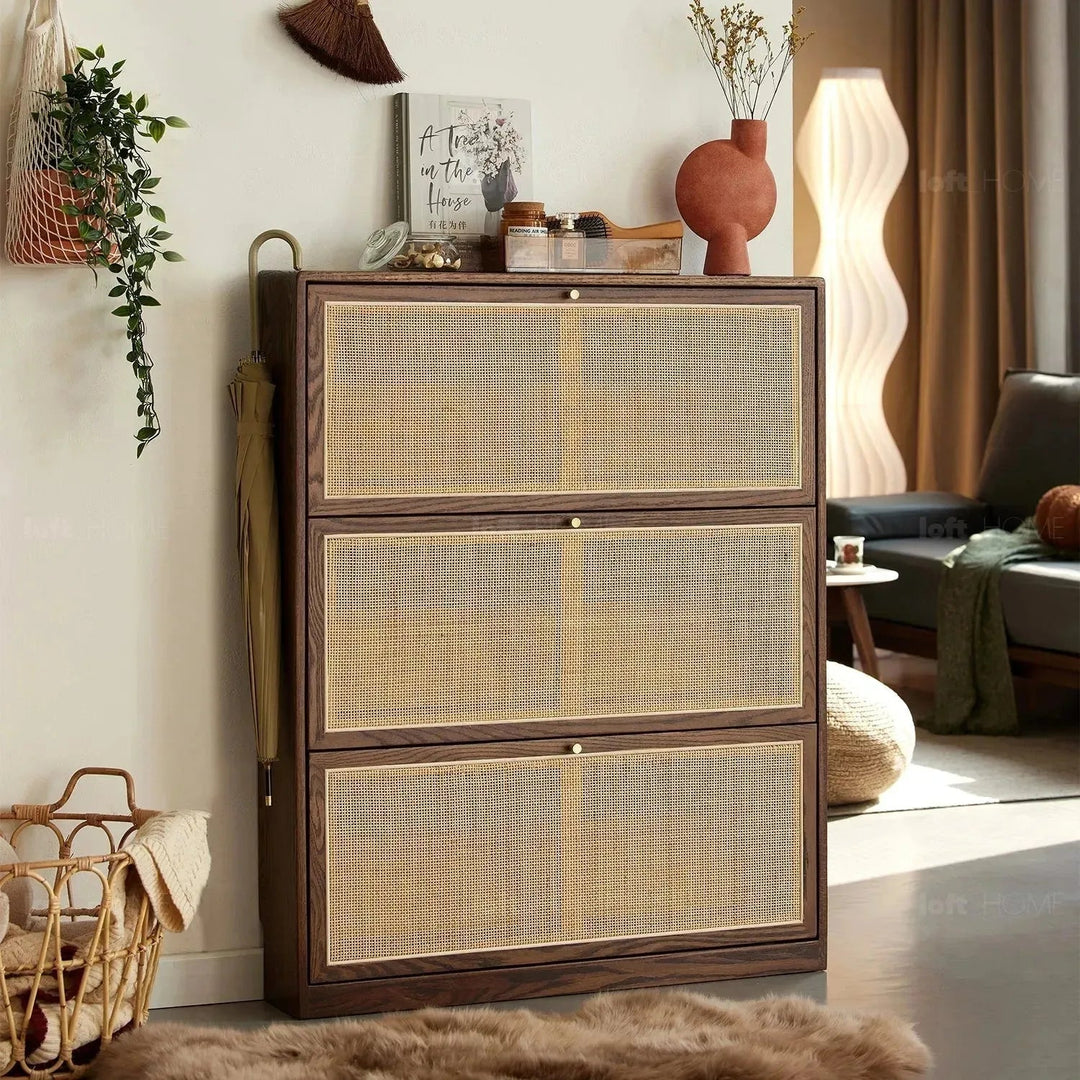 Scandinavian wood shoe cabinet vine weave detail 15.