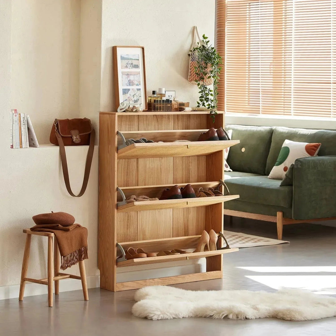 Scandinavian wood shoe cabinet vine weave detail 8.