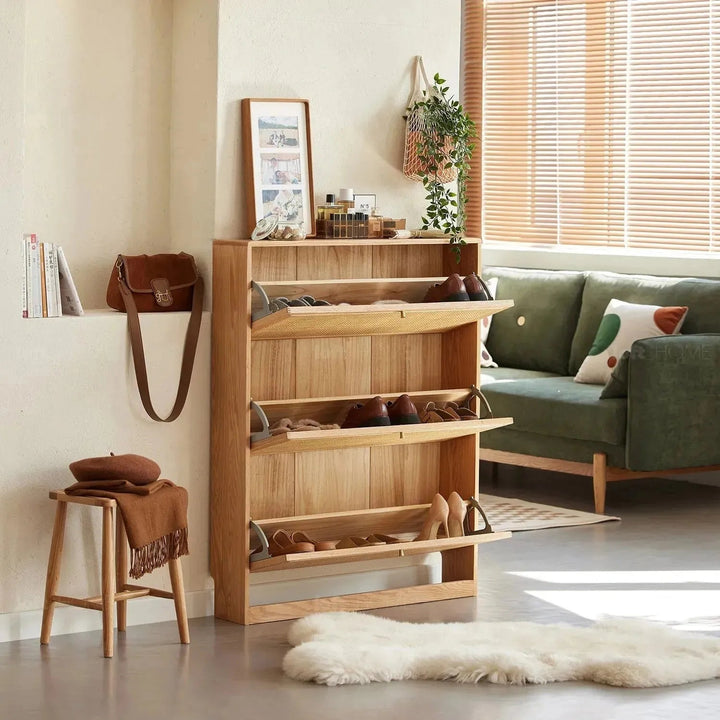 Scandinavian wood shoe cabinet vine weave detail 8.