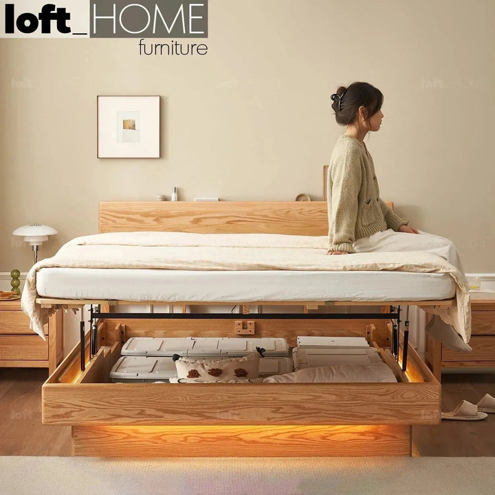 Scandinavian Wood Storage Bed Frame OAKMIST