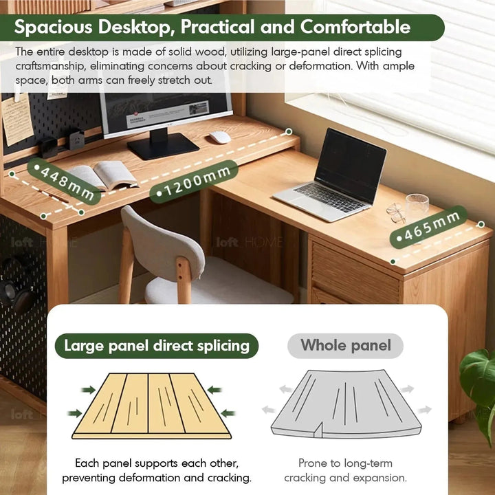 Scandinavian wood extendable study table with shelf corner in panoramic view.
