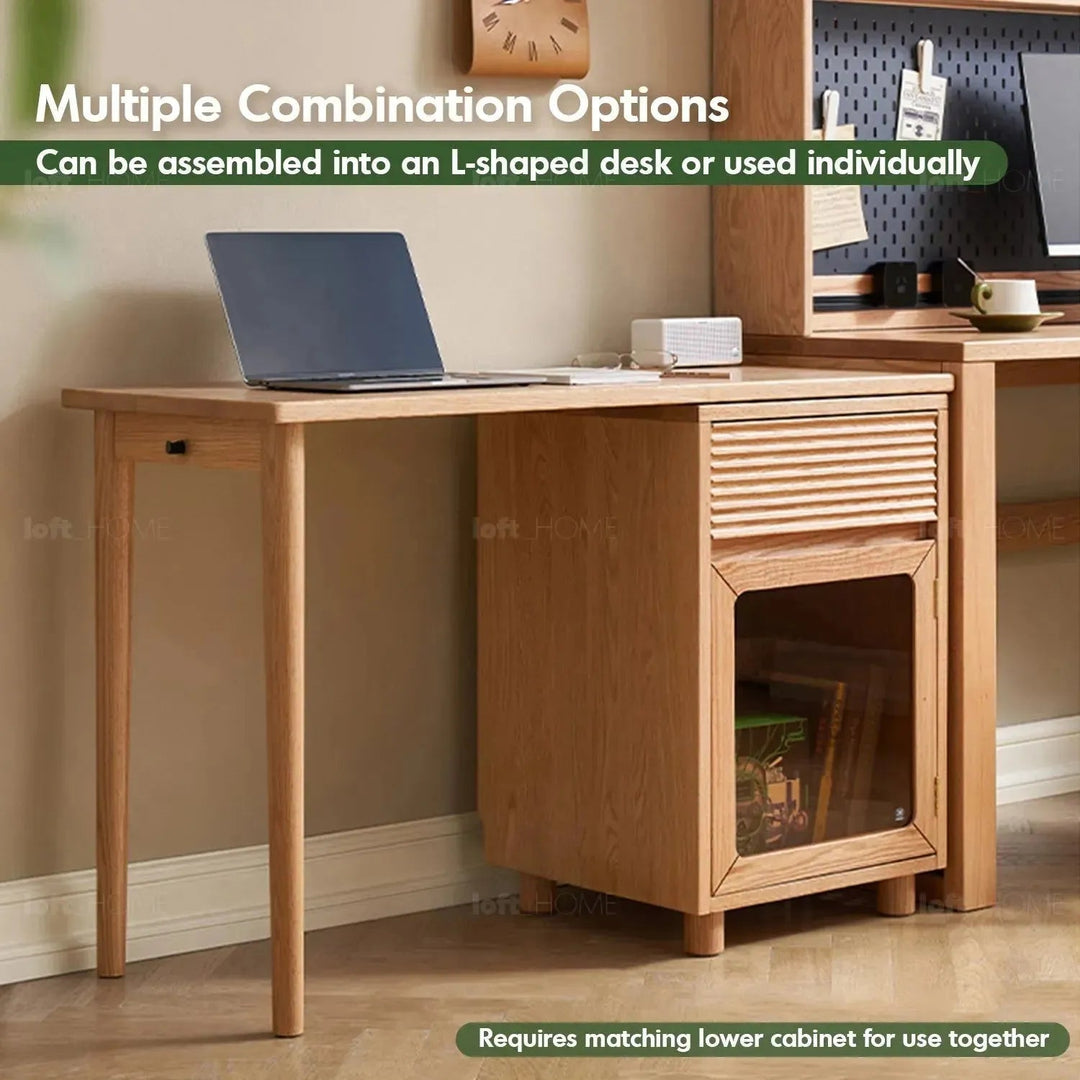 Scandinavian wood extendable study table with shelf corner material variants.
