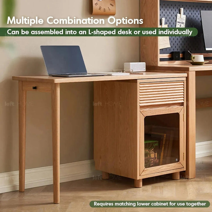 Scandinavian wood extendable study table with shelf corner material variants.