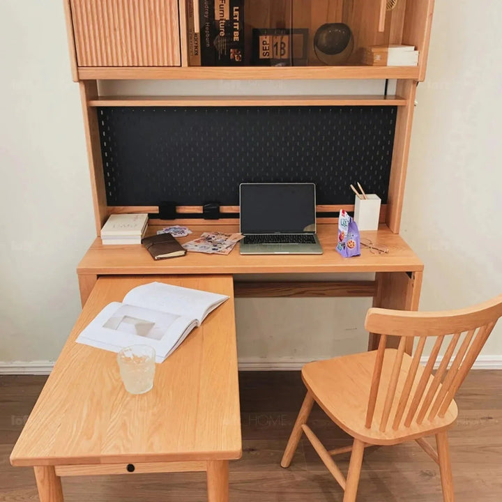 Scandinavian wood extendable study table with shelf corner detail 11.