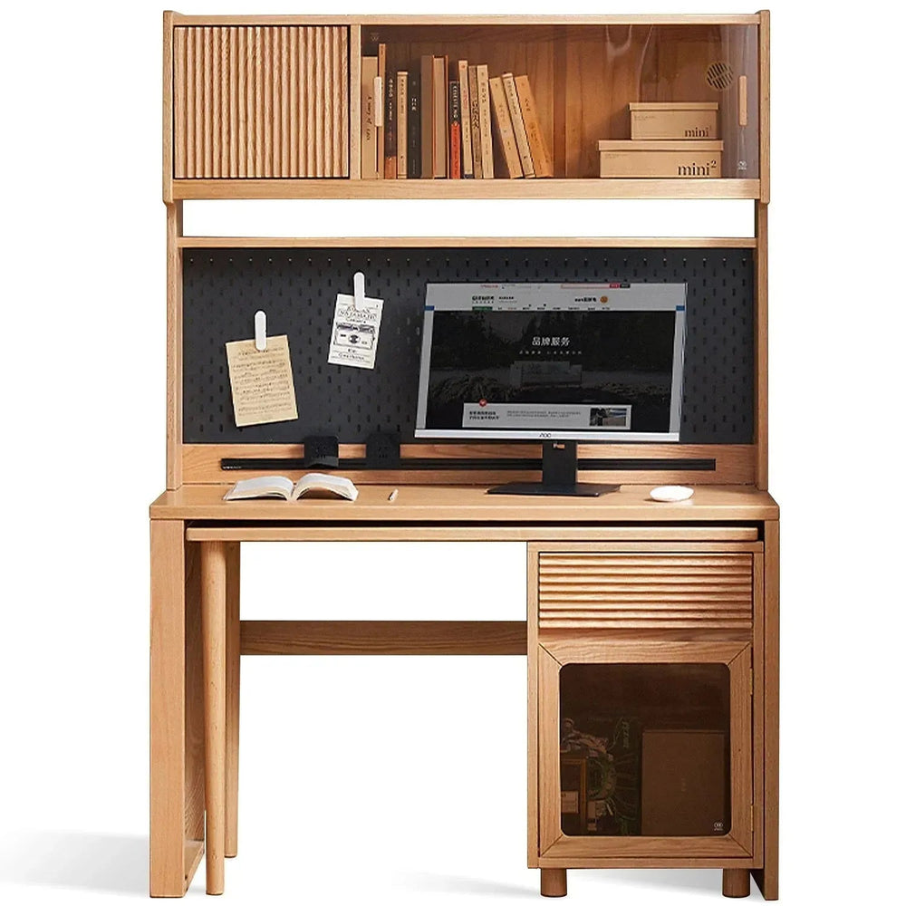 Scandinavian wood extendable study table with shelf corner in white background.