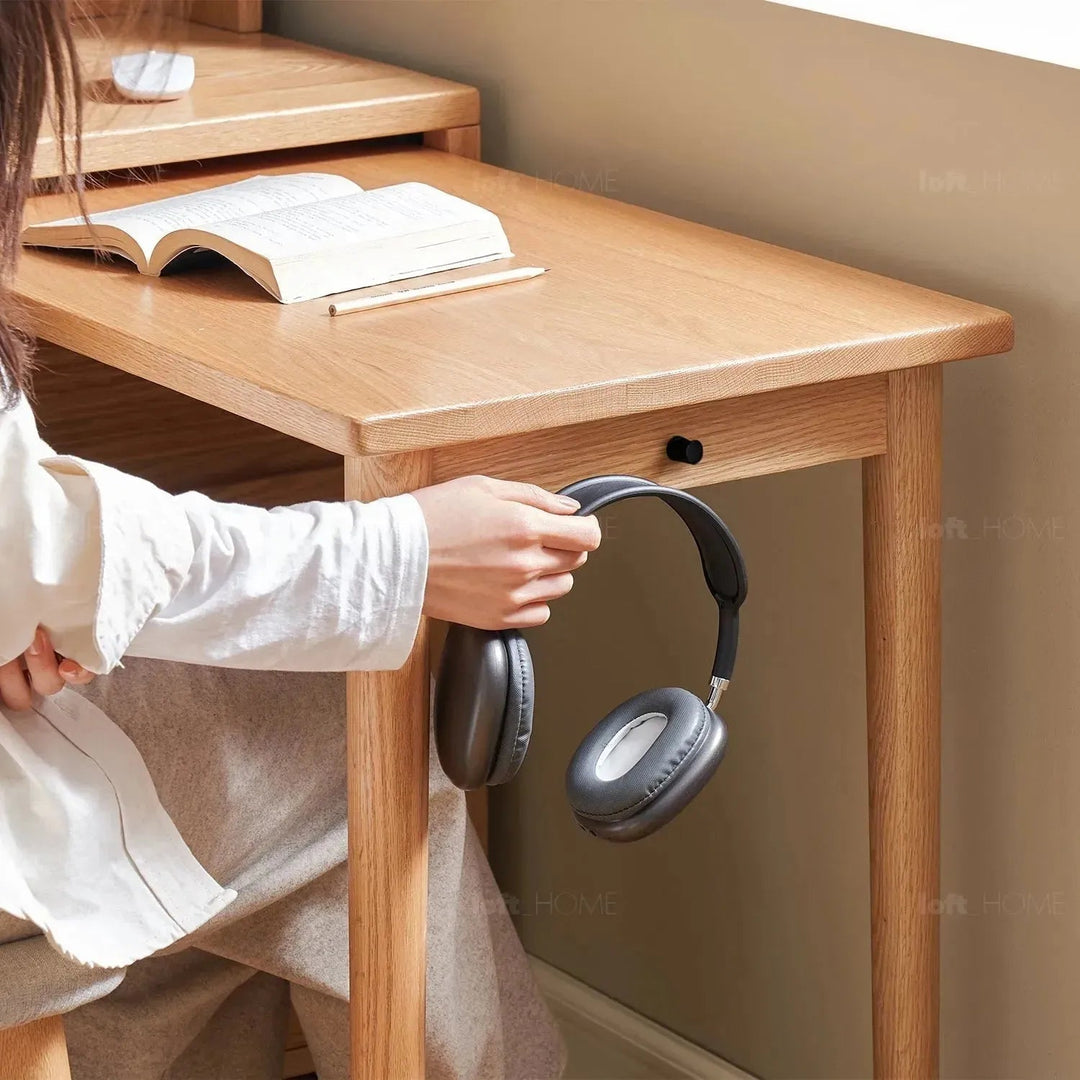 Scandinavian wood extendable study table with shelf corner detail 5.
