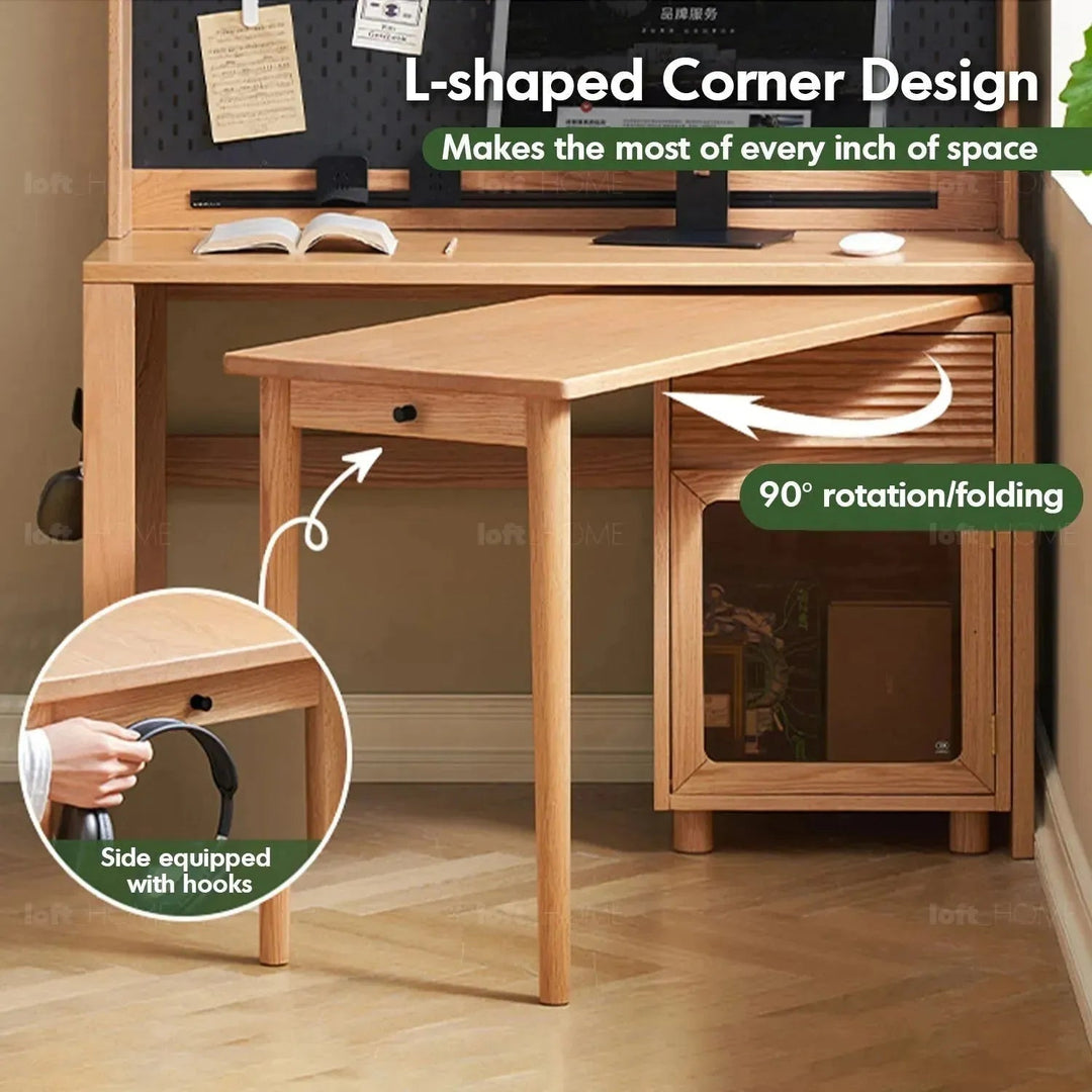 Scandinavian wood extendable study table with shelf corner color swatches.