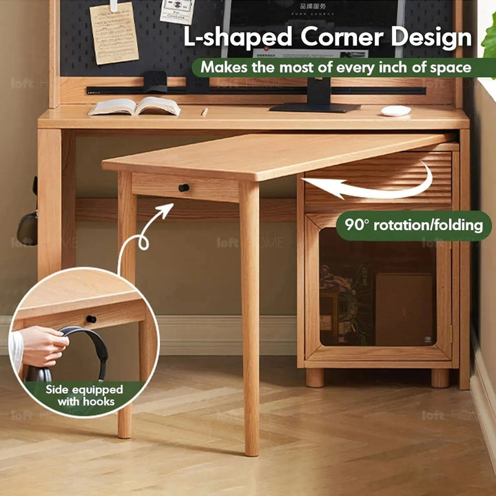 Scandinavian wood extendable study table with shelf corner color swatches.