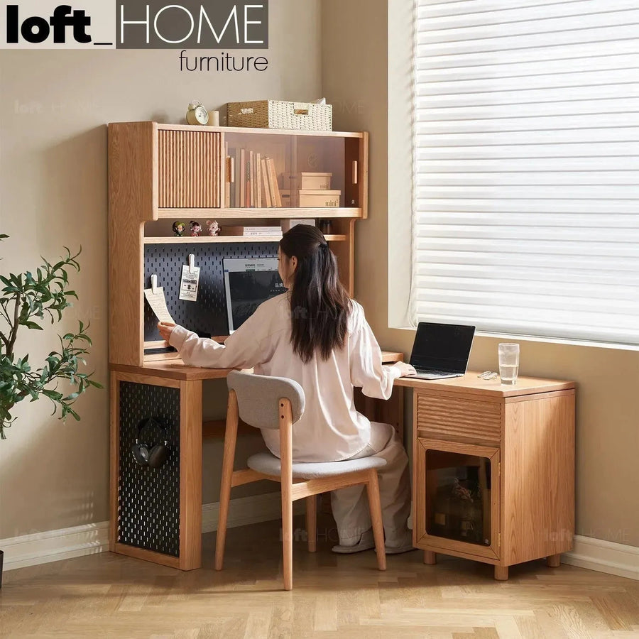 Scandinavian wood extendable study table with shelf corner primary product view.