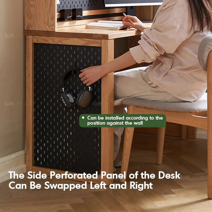 Scandinavian wood extendable study table with shelf corner in details.