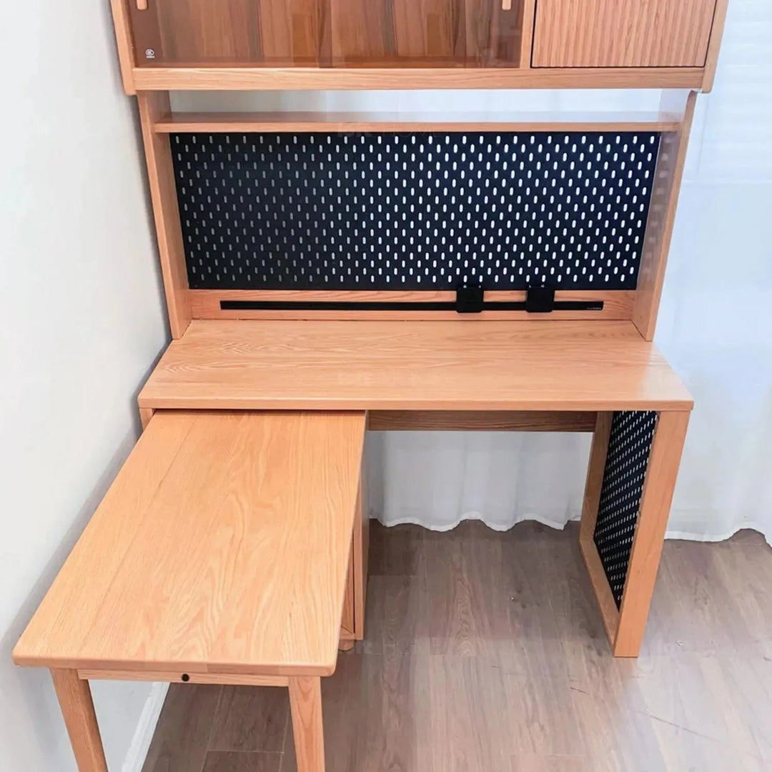 Scandinavian wood extendable study table with shelf corner detail 13.