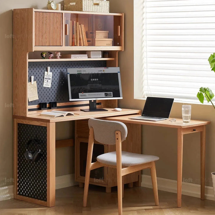 Scandinavian wood extendable study table with shelf corner detail 3.