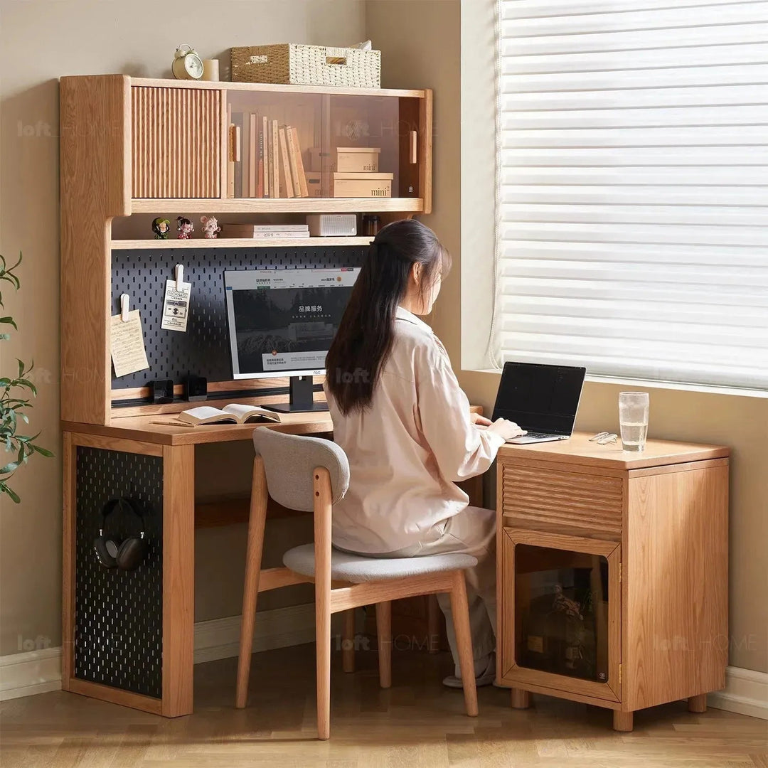 Scandinavian wood extendable study table with shelf corner detail 4.