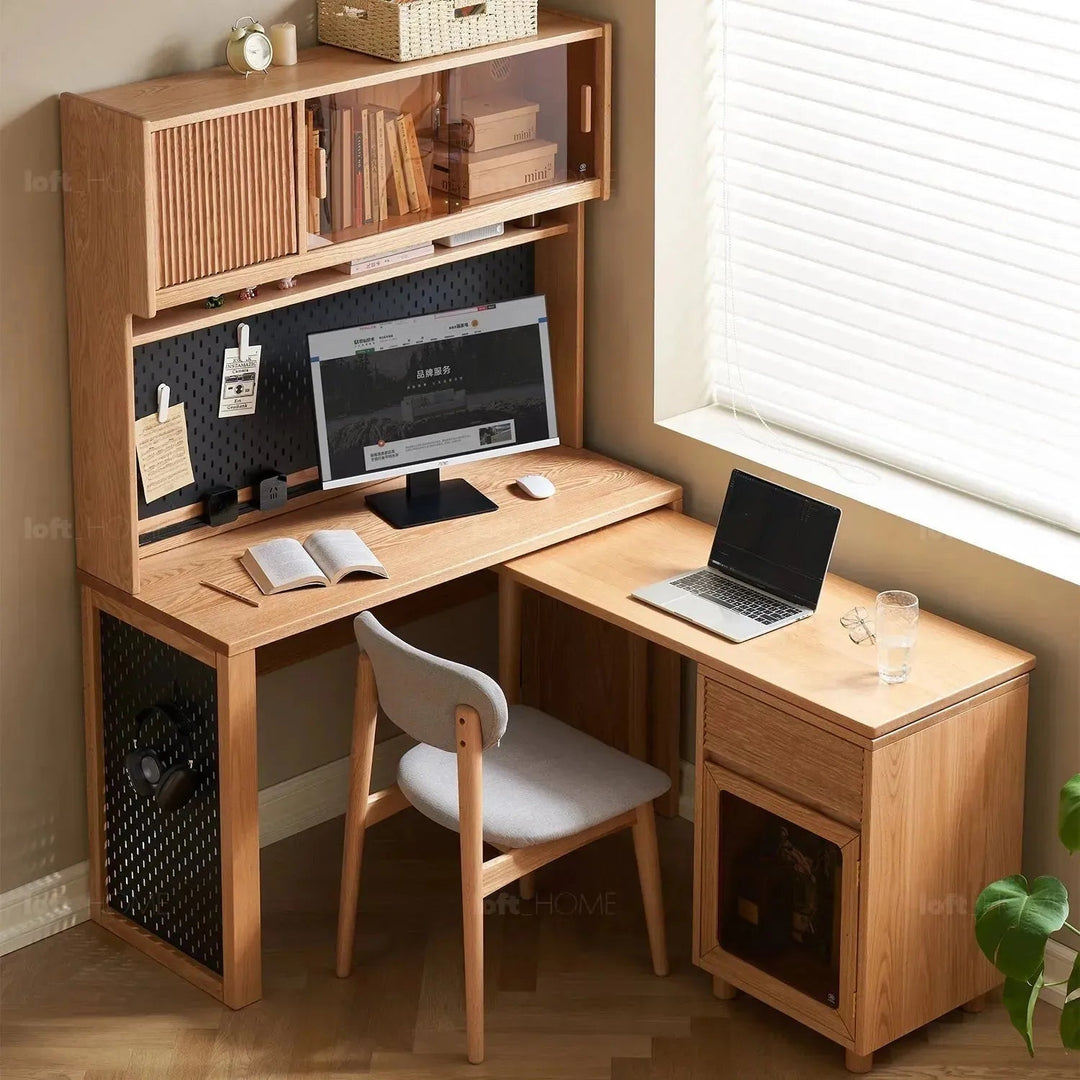 Scandinavian wood extendable study table with shelf corner detail 2.