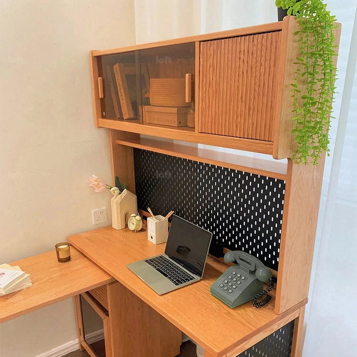 Scandinavian wood extendable study table with shelf corner detail 9.