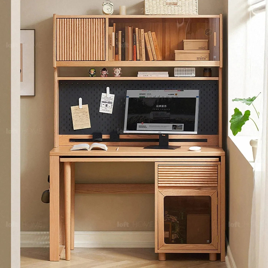 Scandinavian wood extendable study table with shelf corner detail 6.