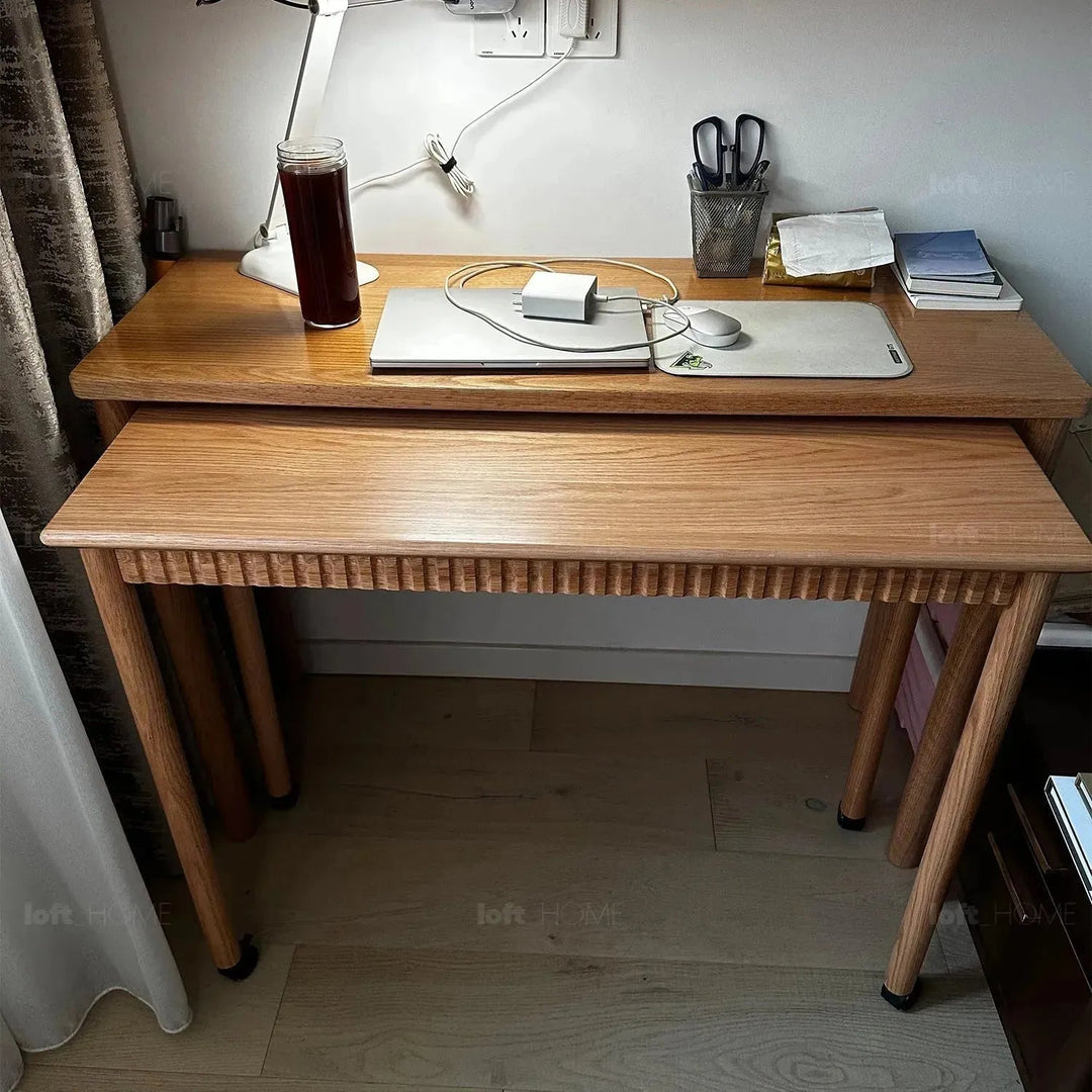 Scandinavian wood caster wheel extendable study table twin layer detail 9.