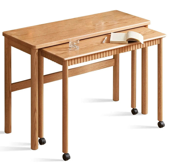 Scandinavian wood caster wheel extendable study table twin layer in white background.