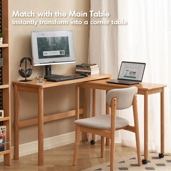 Scandinavian wood caster wheel extendable study table twin layer in close up details.