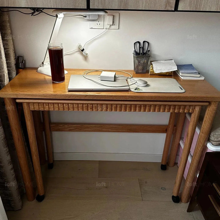 Scandinavian wood caster wheel extendable study table twin layer detail 8.