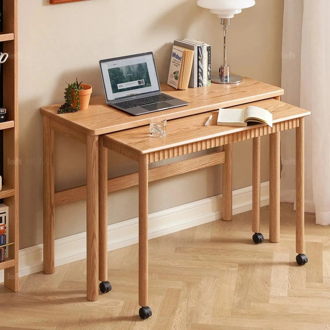 Scandinavian wood caster wheel extendable study table twin layer detail 2.