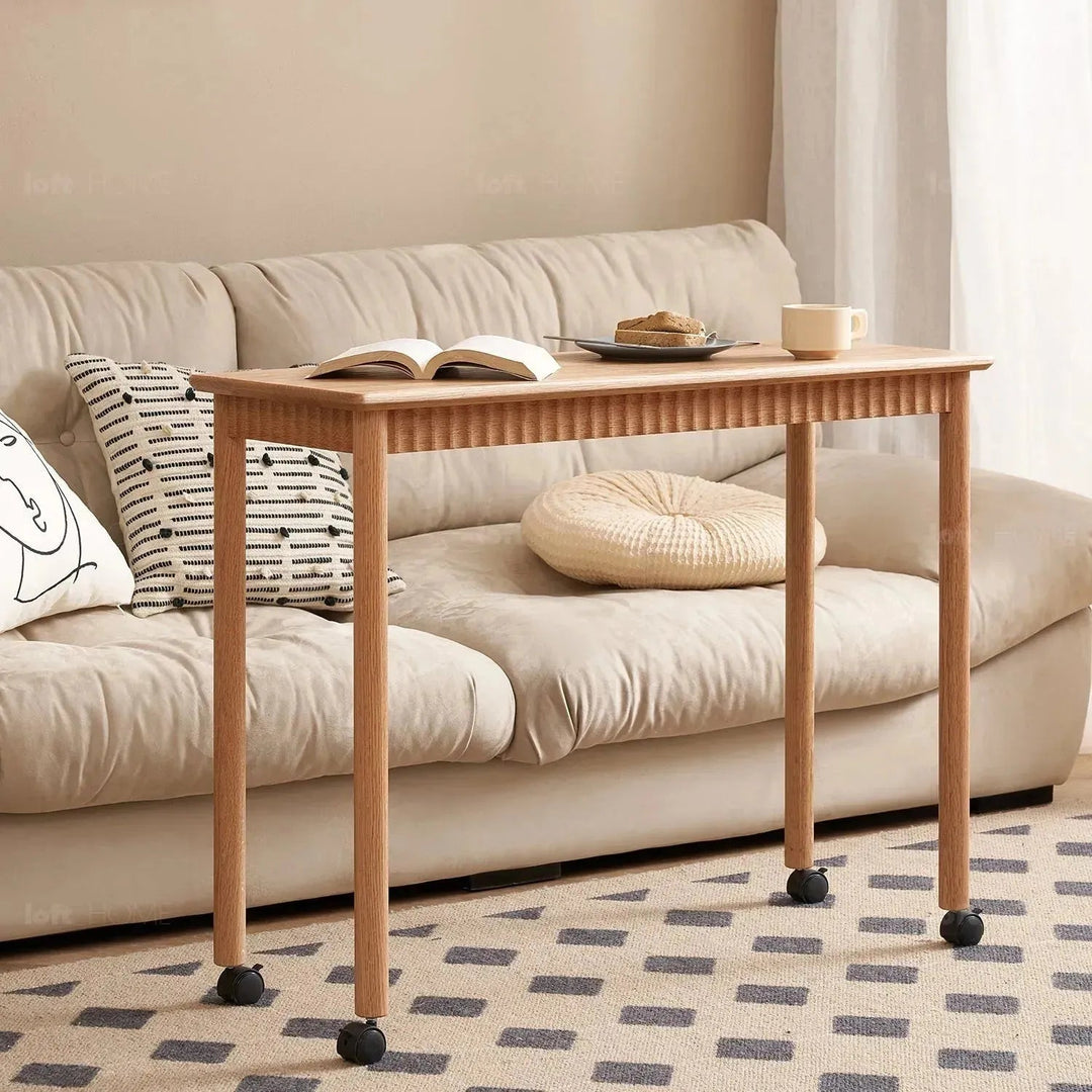 Scandinavian wood caster wheel extendable study table twin layer detail 4.