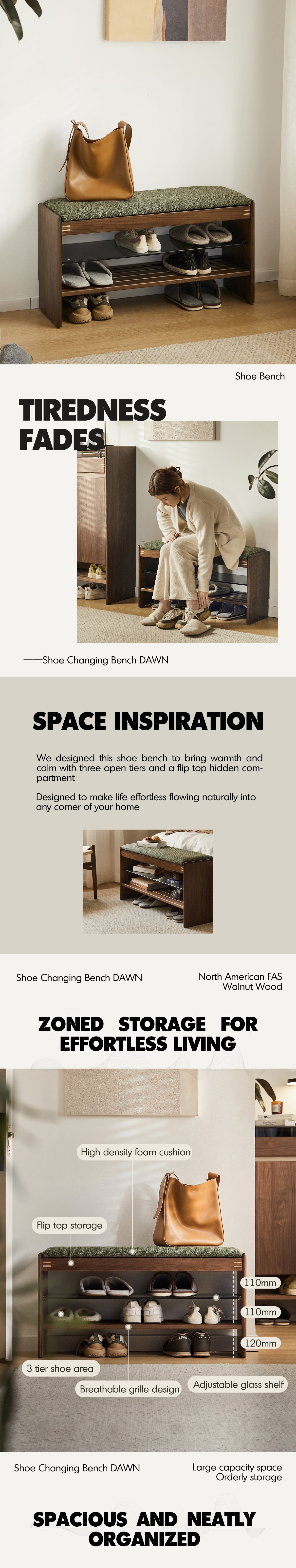 Japandi Walnut Wood Shoe Changing Bench DAWN More Details and Instruction