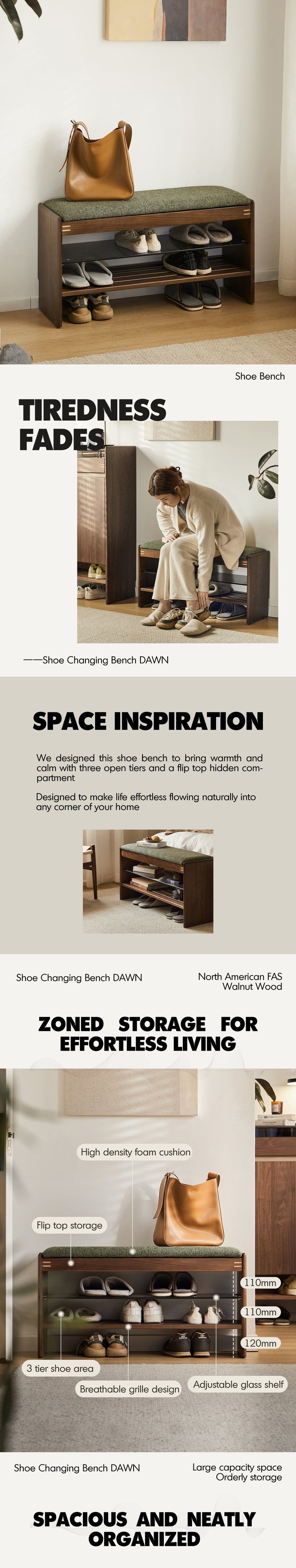 Japandi Walnut Wood Shoe Changing Bench DAWN More Details and Instruction