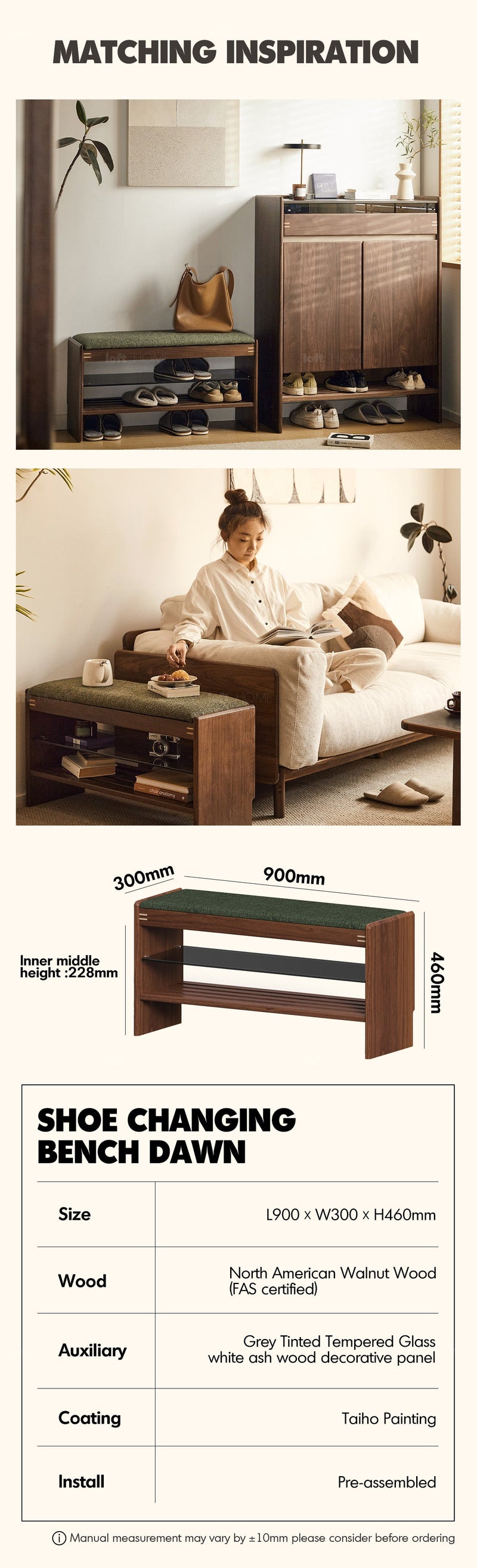 Japandi Walnut Wood Shoe Changing Bench DAWN More Details and Instruction_8