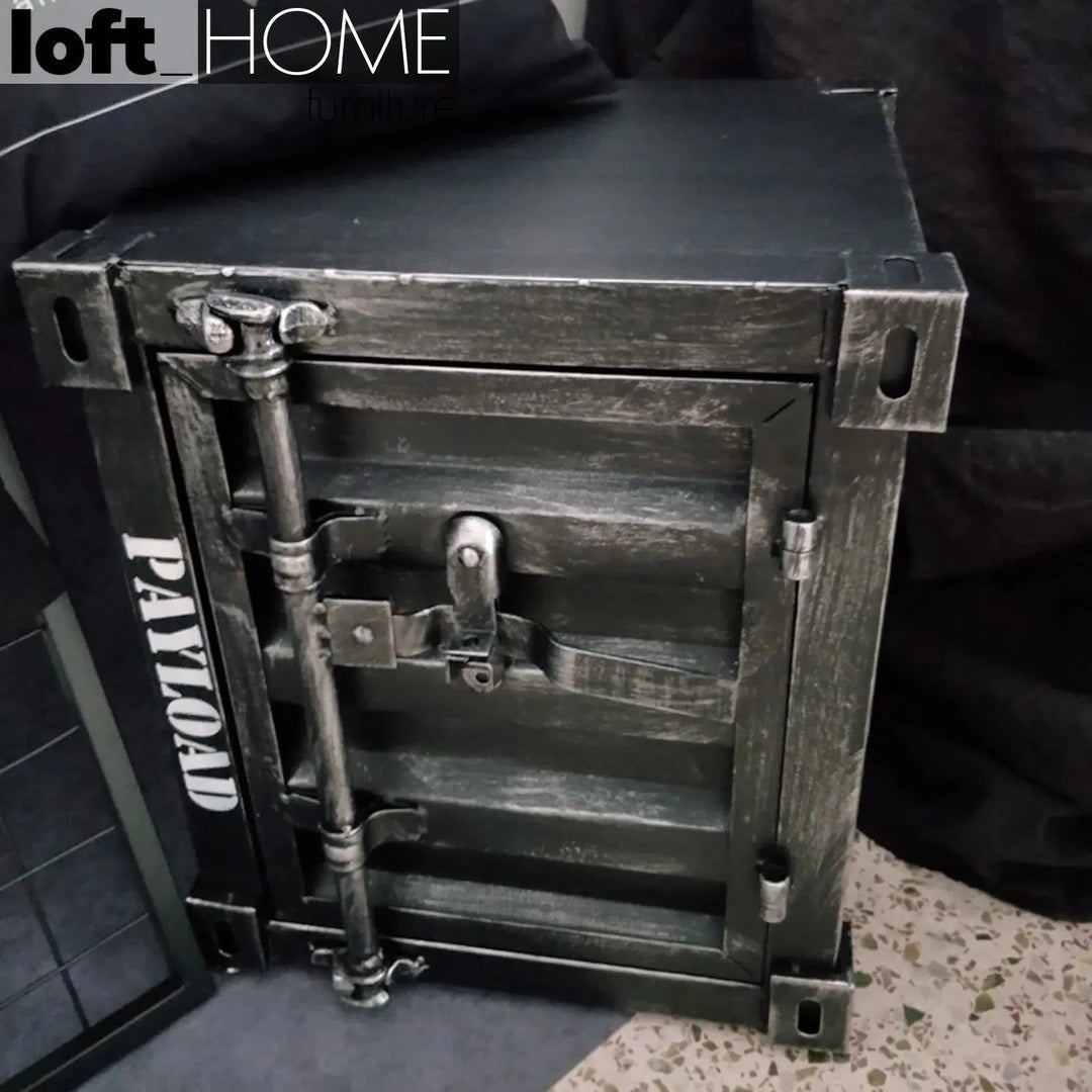 Industrial steel side table container layered structure.