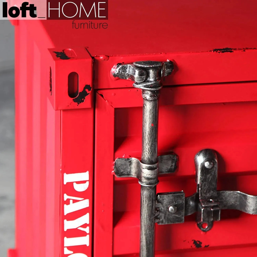 Industrial steel side table container with context.