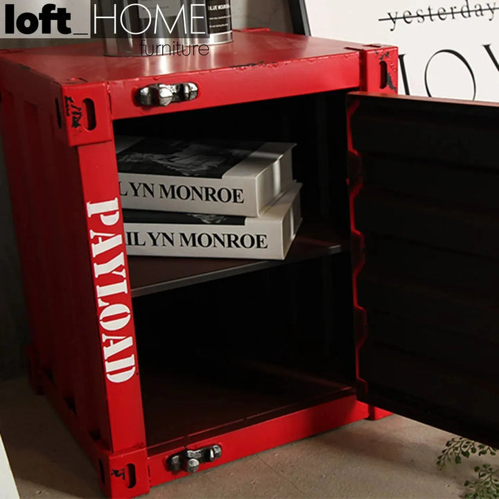 Industrial steel side table container in details.