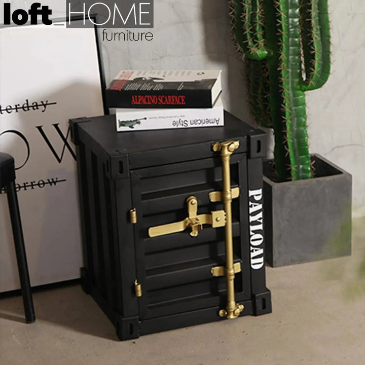 Industrial steel side table container in panoramic view.