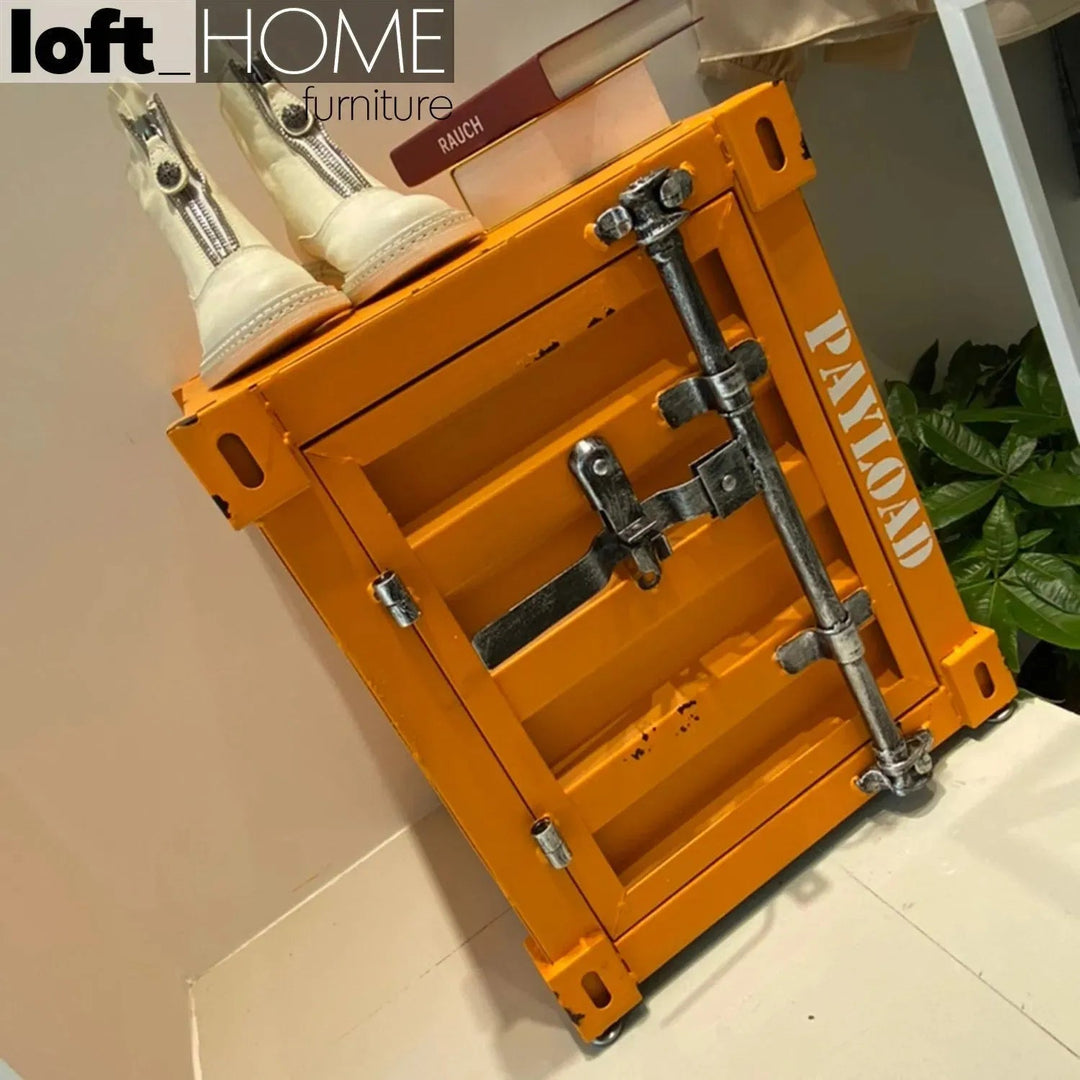 Industrial steel side table container conceptual design.