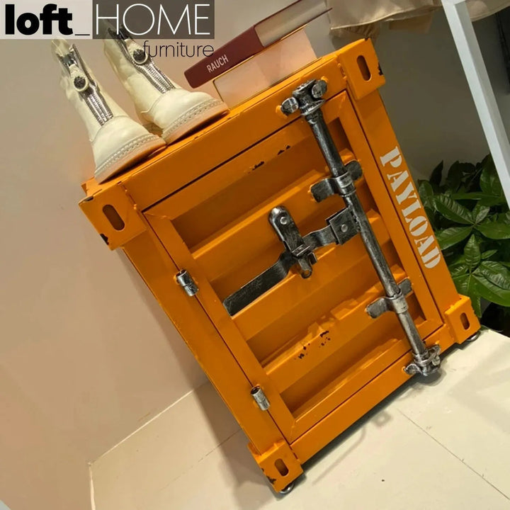 Industrial steel side table container conceptual design.