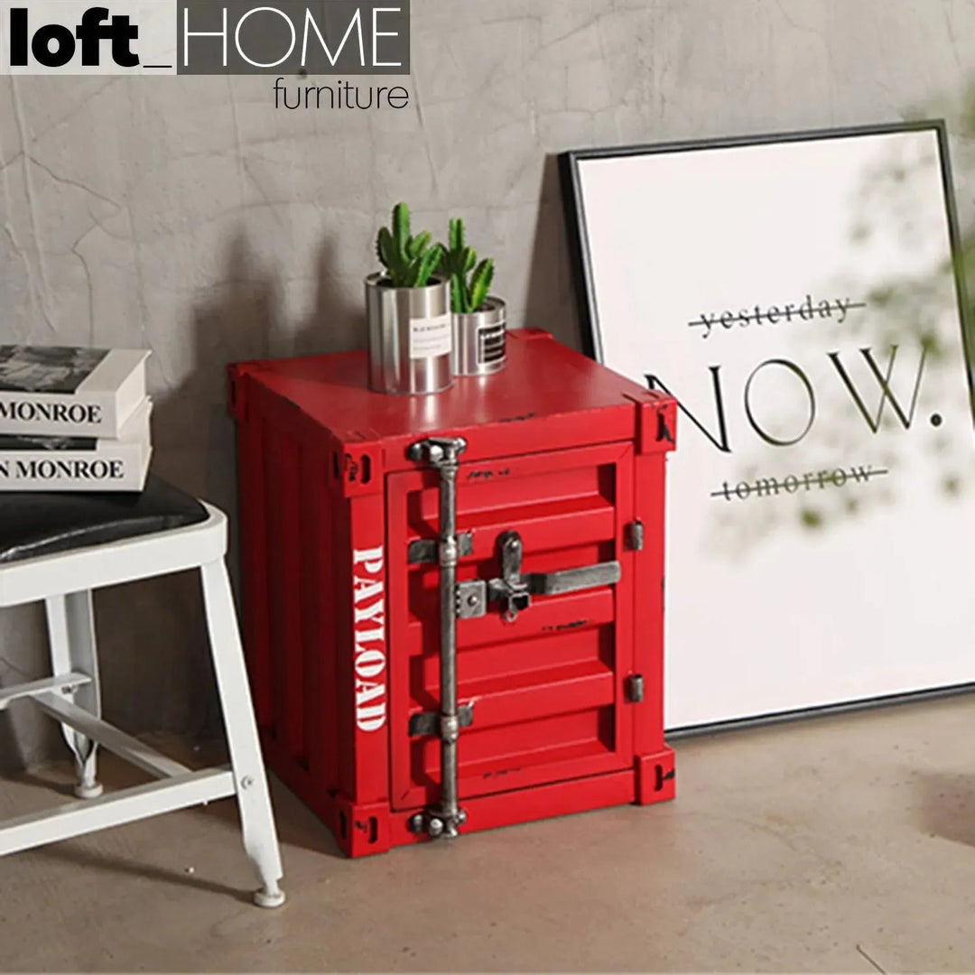 Industrial steel side table container in close up details.