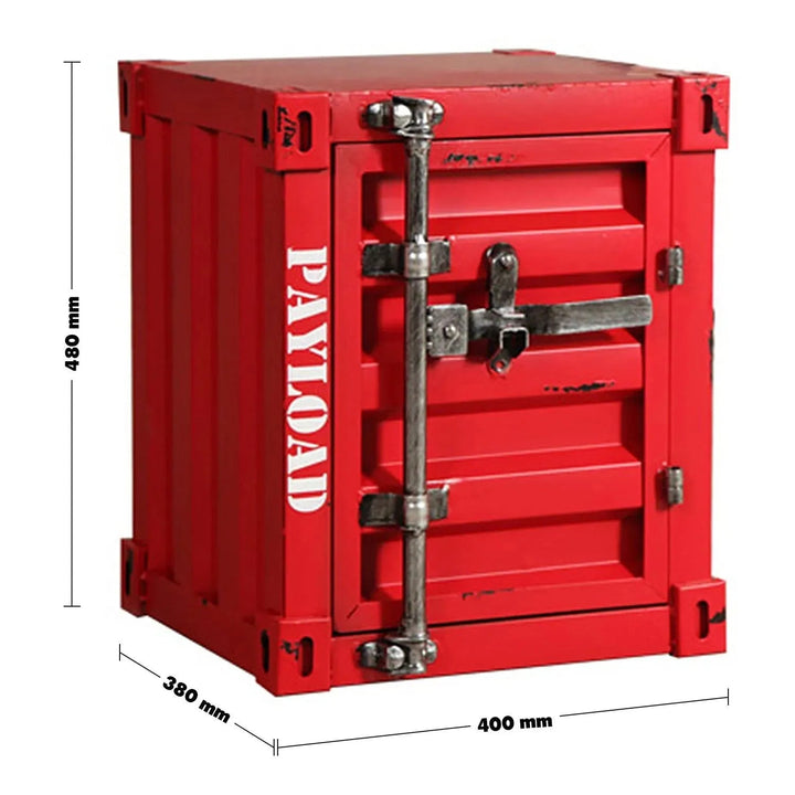 Industrial steel side table container size charts.