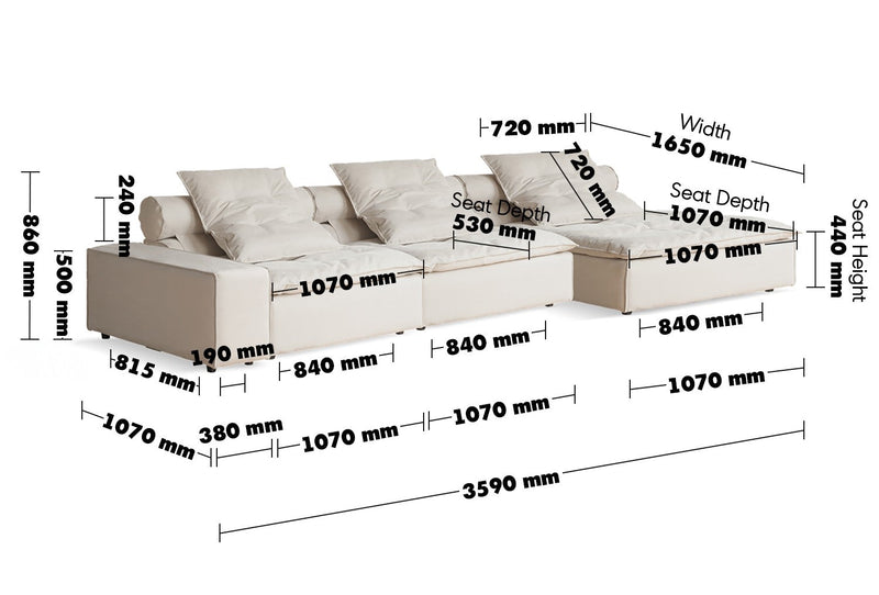 Modern Suede Fabric Modular L Shape Sectional Sofa 4+L BLOOM Size Chart