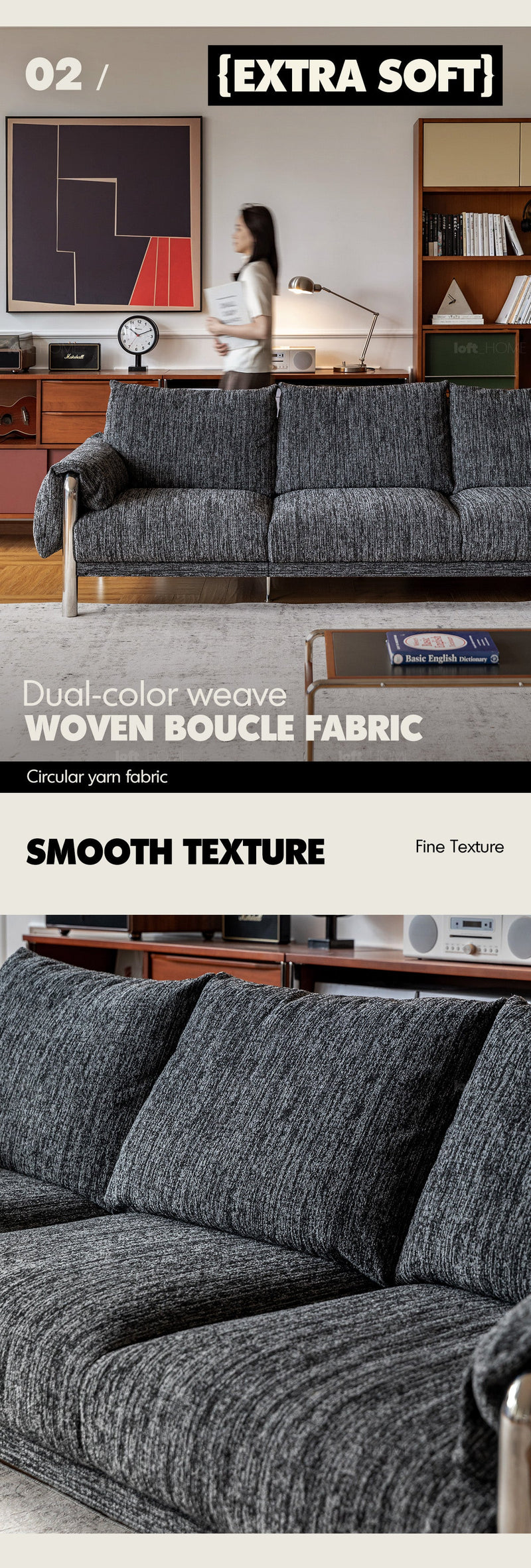 Bauhaus Boucle Fabric 3 Seater Sofa SONG More Details and Instruction_2