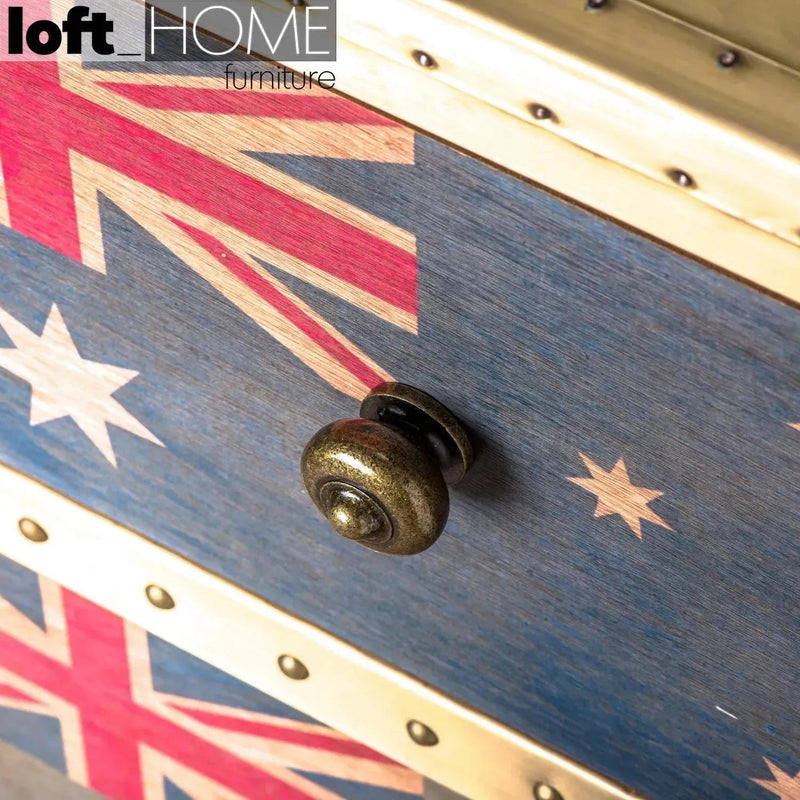 Industrial aluminium drawer cabinet jet uk flag in still life.