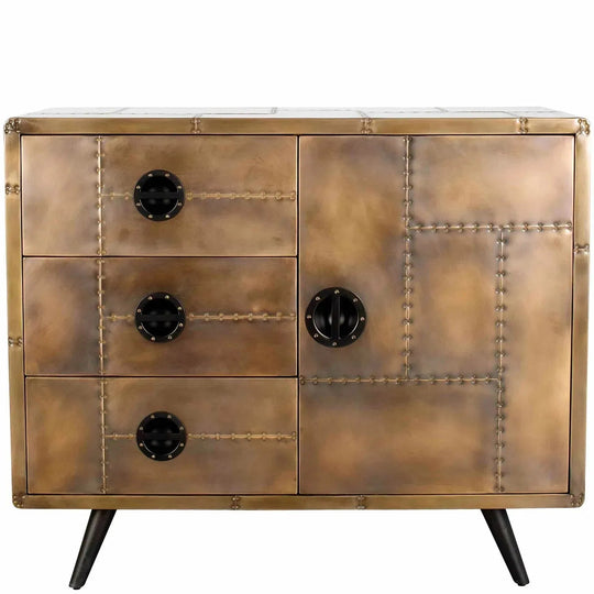 Industrial aluminium drawer storage cabinet jetbrass in white background.