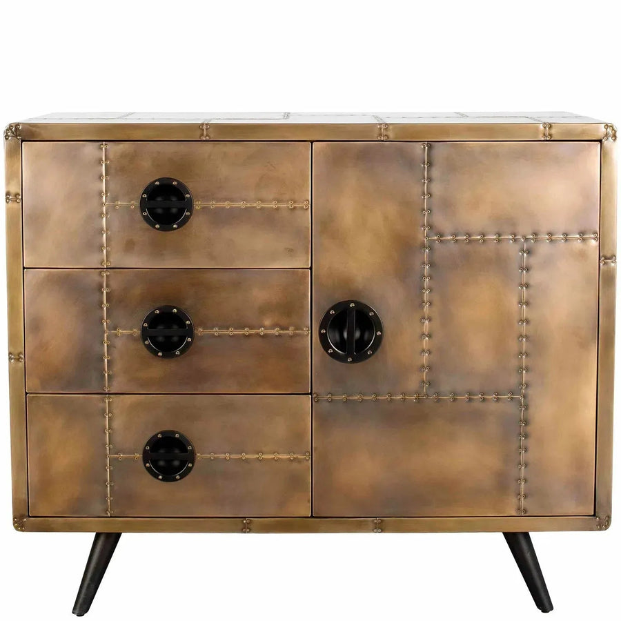 Industrial aluminium drawer storage cabinet jetbrass in white background.