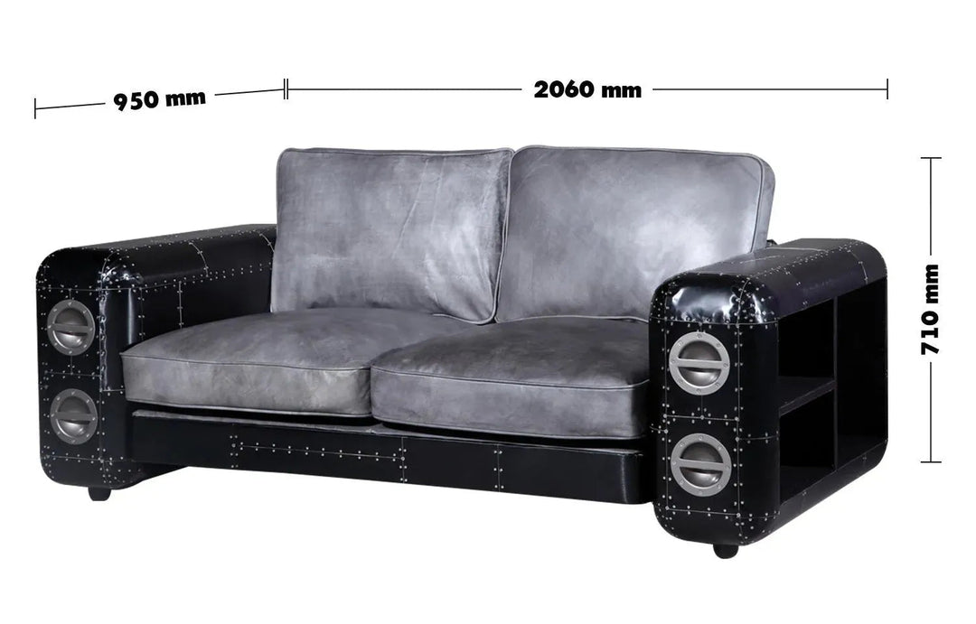 Industrial Aluminium Genuine Leather 3 Seater Sofa BLACK AIRCRAFT