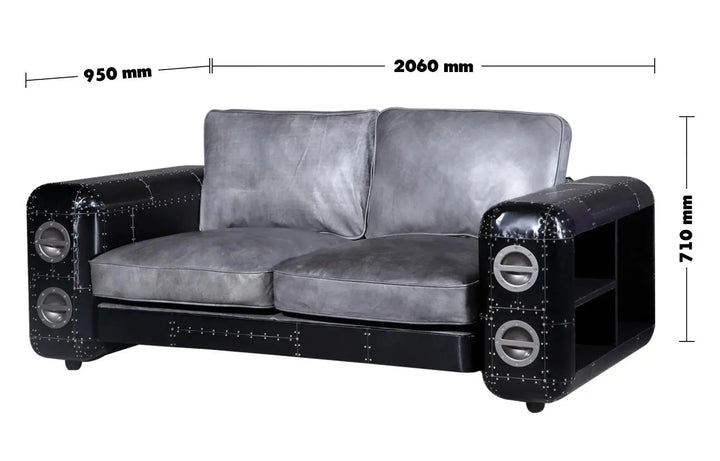 Industrial Aluminium Genuine Leather 3 Seater Sofa BLACK AIRCRAFT