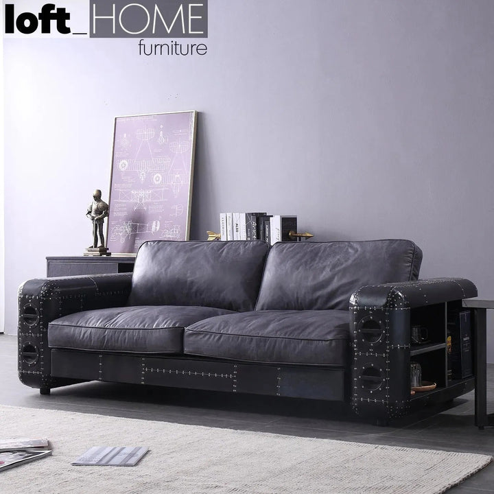 Industrial Aluminium Genuine Leather 3 Seater Sofa BLACK AIRCRAFT