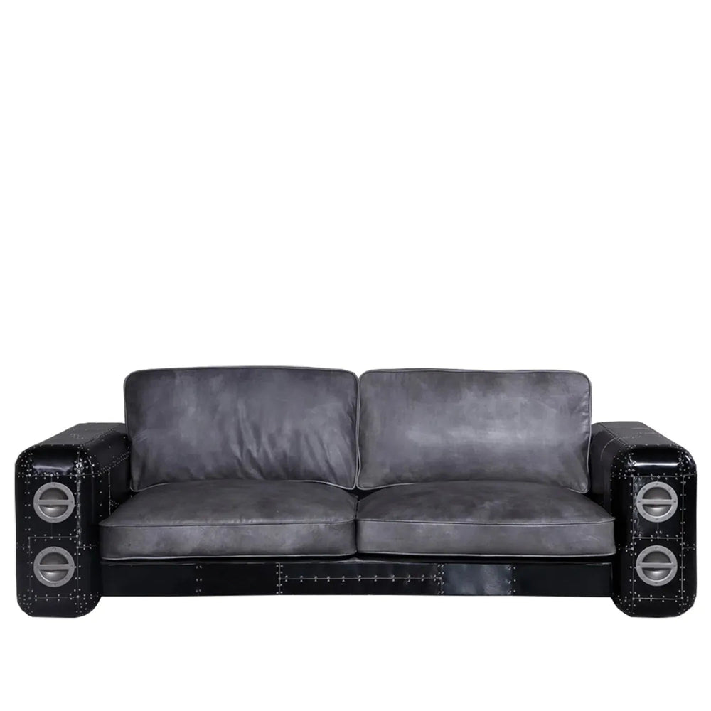 Industrial aluminium genuine leather 3 seater sofa black aircraft in white background.