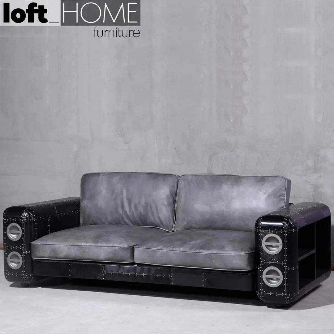Industrial Aluminium Genuine Leather 3 Seater Sofa BLACK AIRCRAFT